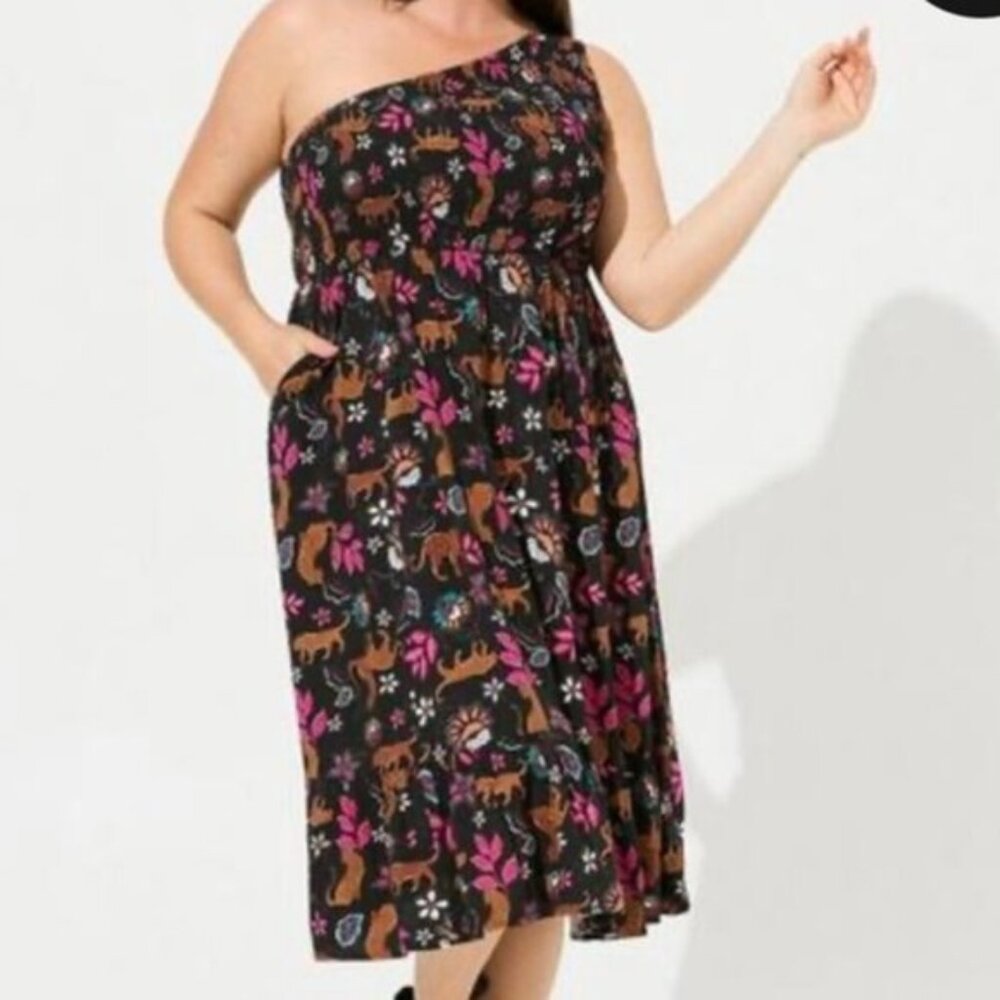 Torrid Midi Challis One-Shoulder Dress  Leopard Leaves Deep Black